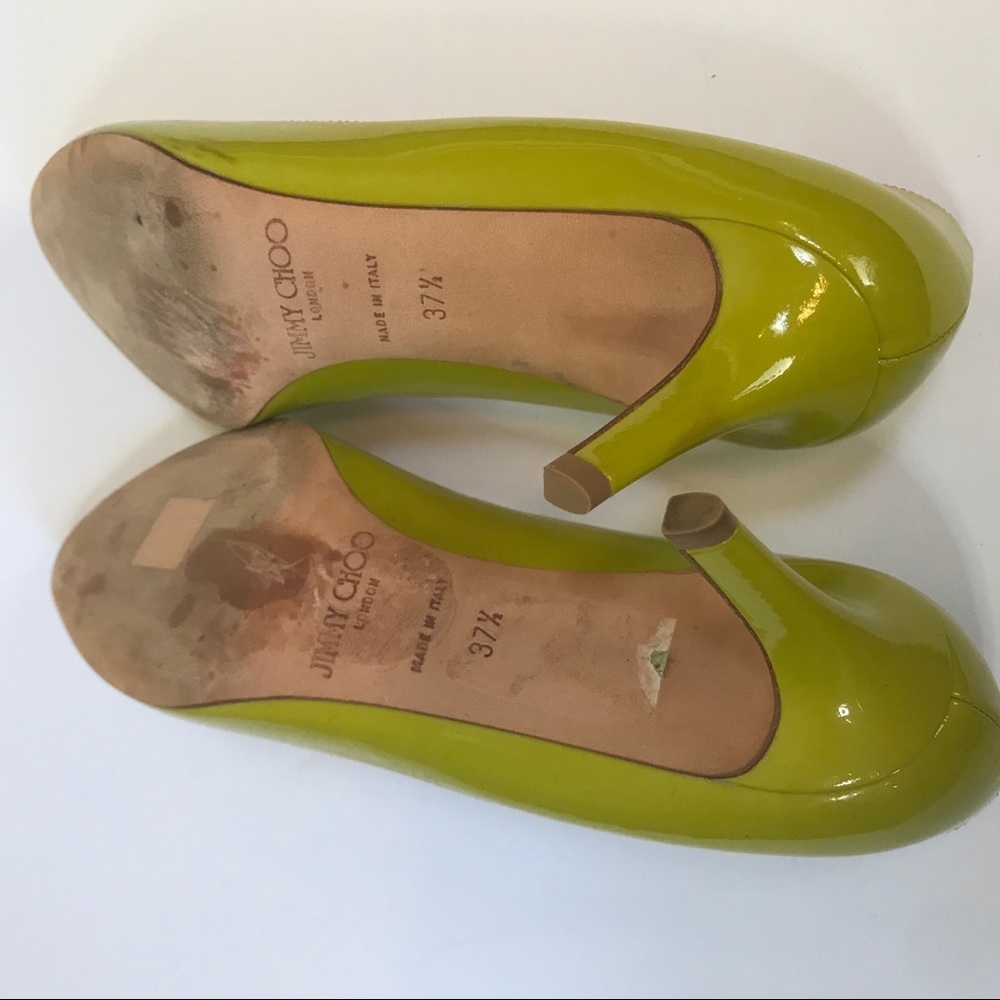 immy Choo Leather Patent Pumps Heels Shoes Almond Toe Chartreuse Green Slides - Picture 9 of 14